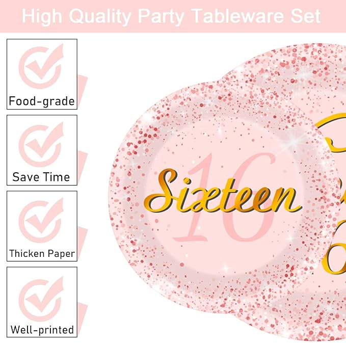96 Pcs Rose Gold Sweet 16 Birthday Party Plates and Napkins Party Supplies Sixteen Birthday Party Tableware Set 16th Party Decorations Favors for Girls Birthday Serves 24