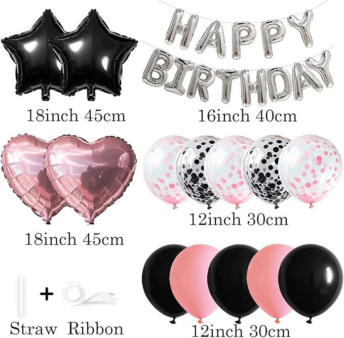 27 Pcs Pink Silver Black Birthday Decorations, 3D Letters Multi Color Happy Birthday Balloon Banner, Pentagram Heart Foil Balloons Confetti Balloons Kit For Boys Girls Party Supplies