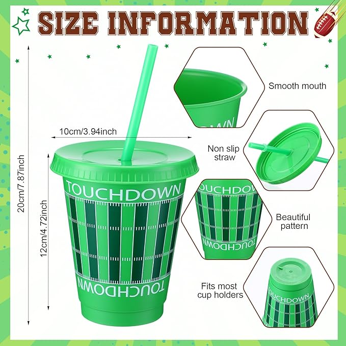 Sieral 30 Pcs Football Cups with Straws and Lids 16 oz Football Cups Brown Green Plastic Tumblers Reusable Iced Coffee Travel Mug for Sport Theme Party Supplies Decorations