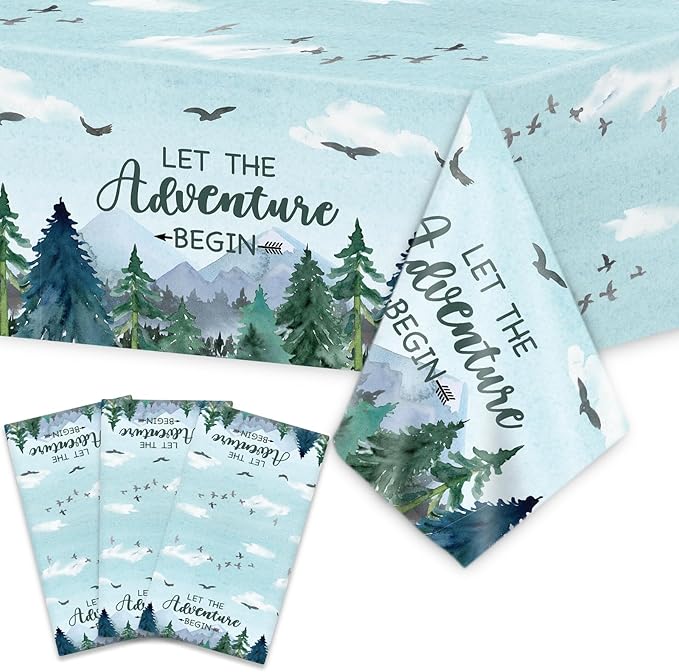 3 Pieces Adventure Awaits Tablecloths Let The Adventure Begin Tablecover Tree Mountains Woodland Table Covers Plastic Disposable Rectangle Tablecloth for Baby Shower Birthday Party Decor Supplies