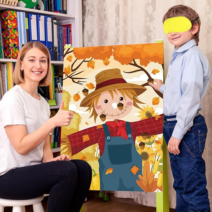 Hooqict Thanksgiving Games for Kids Party Pin The Nose on The Scarecrow Thanksgiving Activities Fall Festival Games Autumn Harvest Party Decorations, Large Pin The Tail Poster with 48 Stickers