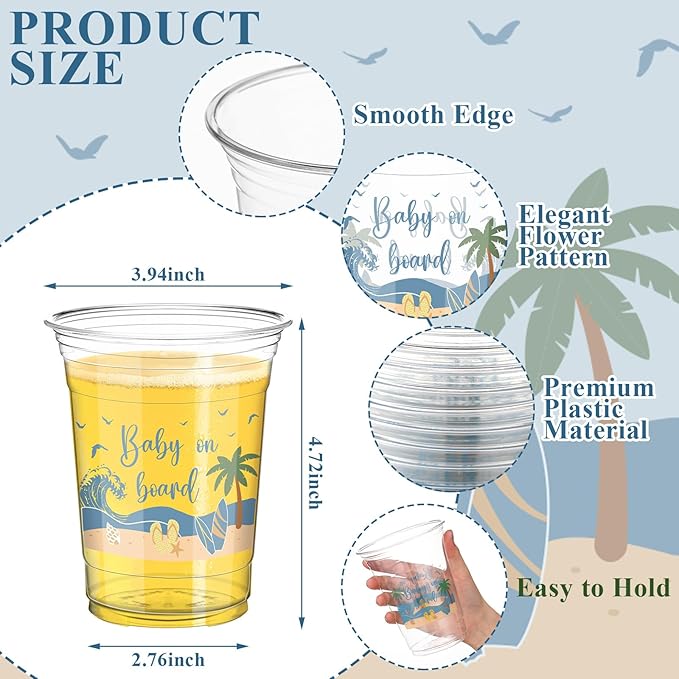 Qinyoung 50 Pcs 16 oz Surfboard Cups for Baby on Board Theme Baby Shower Decorations Summer Beach Party Supplies Plastic Disposable Drinking Cups Summer Birthday Party Supplies