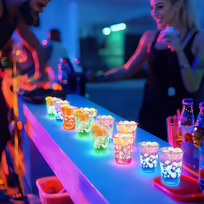 Remerry 100 Pack 12 oz Neon Hawaiian Luau Glowing Cups Disposable Glowing in The Dark Cups Luau Party Decorations for Hawaiian Beach Theme Birthday Summer Supplies