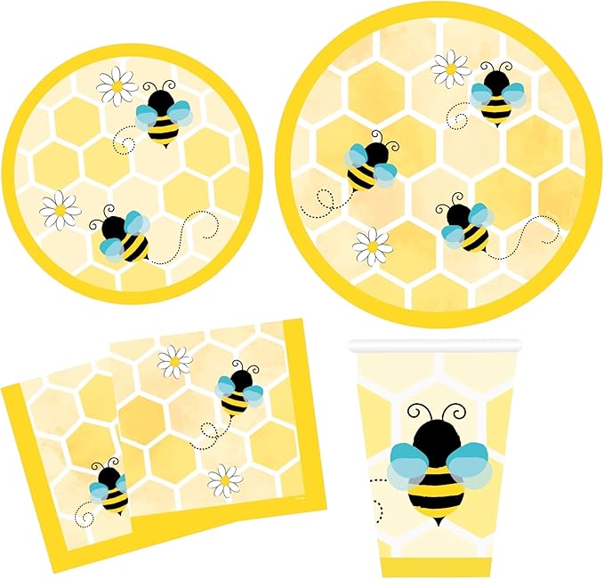 Serves 24 Ultimate Bumble Bee Party Supplies Includes Plates,Napkins,Table Covers,Balloons, Banner, Swirls, Centerpiece, Ideal for Birthday, Baby Shower, Bee Theme Party Decor