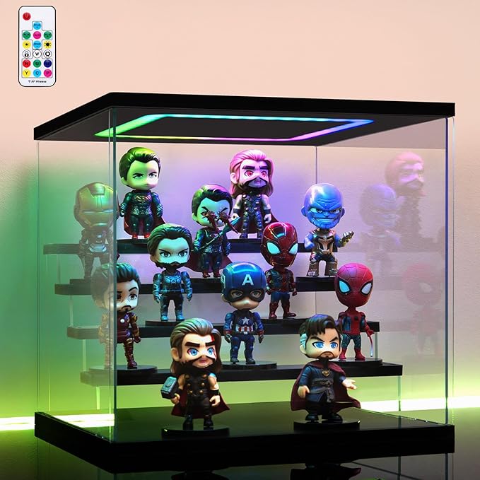 Clear Acrylic Display Case with Light , 5 Tier Multiple Color Lights Display Box Stand Assembly Dustproof Protection Showcase for Collectibles Action Figures (Black 12.6×12.2×11.8in)