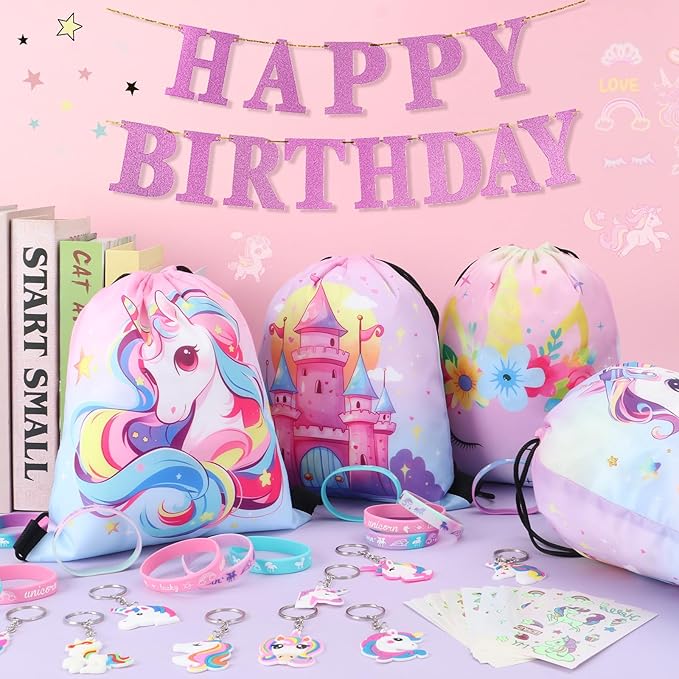 12 Sets Unicorn Party Favors Birthday Supplies for Girls Kid, Drawstring Bag Silicone Bracelet Tattoo Sticker Keychain Goodie Bag Stuffer Filler Unicorn Birthday Decorations Girls Party Favors