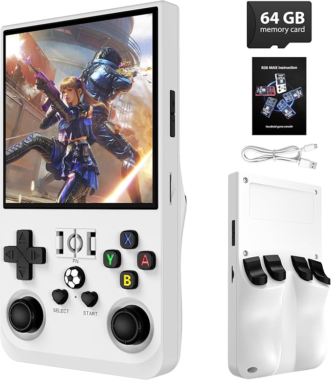 R36MAX Retro Handheld Game Console, Retro Gaming Console 4.0 Inch IPS Screen, Linux System Built-in 64GB Memory, Mini Retro Video Console-Ivory White