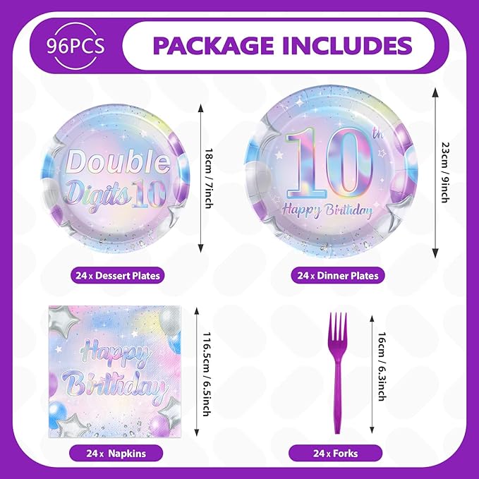 96 Pcs 10th Birthday Party Supplies Iridescent Double Digits Birthday Girl Plates and Napkins Tableware Set In My Double Digits Era Party Decor for 10 Year Old birthday Decorations Girl Boy Serves 24