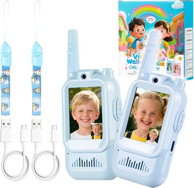 Video Walkie Talkies for Kids 2 PACK, Rechargeable Long Range Kids Walkie Talkie with HD Camera & Voice Changer Indoor Outdoor Camping & Christmas Birthday Gifts Toys for Boy Girl (Blue+Blue)
