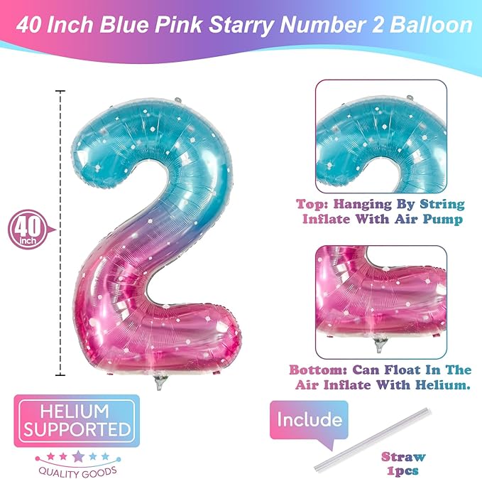 Mermaid 2 Balloons, 40 Inch Giant Rainbow Starry Helium Mylar Foil Number 0-9, Purple Teal 2nd Birthday Balloon for Girls, Blue Pink Morados Numero Two Balloons for Women Anniversary Party Decorations