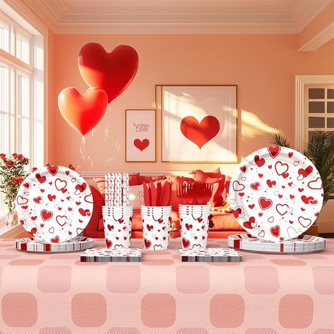 112 PCS Valentines Day Plates and Napkins Party Decorations Red Heart Galentines Day Party Decorations Supplies Valentines Baby Shower Birthday Disposable Plates Cups and Napkins Serves 16