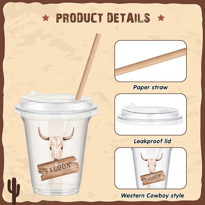 Boao 36 Sets Wild West Party Decorations Cowboy Party Cups with Lids and Paper Straws 14 oz Cowboy Birthday Supplies Brown Pattern Disposable Clear Plastic Cups Bulk