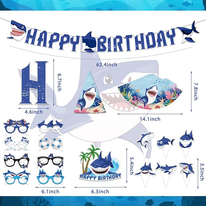 Mpanwen Shark Party Supplies, 216Pcs Shark Themed Birthday Party Decorations Decor - Banner, Paper Glasses, Balloons, Cake Toppers, Plates, Tablecloth, Hanging Swirls, Wall Signs Serves 16 Guests