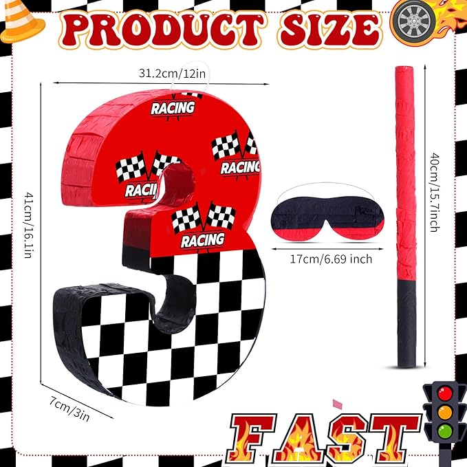 Red 3 Race Car Piñata Pull String Cars Piñatas for Birthday Party Decorations Number 2 3 4 5 6 with Blindfold Stick Small Red Black Racing Theme 2nd 3rd 4th 5th 6th Party Supplies