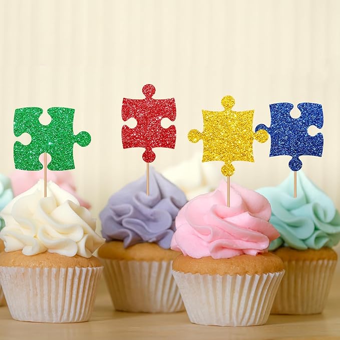 24pcs Puzzle Cupcake Toppers, Primary Colored Puzzle Cupcake Toppers, Colorful Glitter Puzzle Cake Decoration for Baby Shower, Kids Birthday/Autism Themed Party Supplies