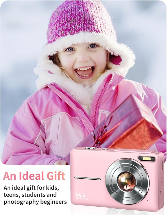 Digital Camera, FHD 1080P Point and Shoot Kids Camera, with 32GB Card, 2 Batteries, 16X Zoom Anti Shake Date Stamp, Compact Portable Small, for Starter Kid Children Teen Student Girl Boy(Pink)