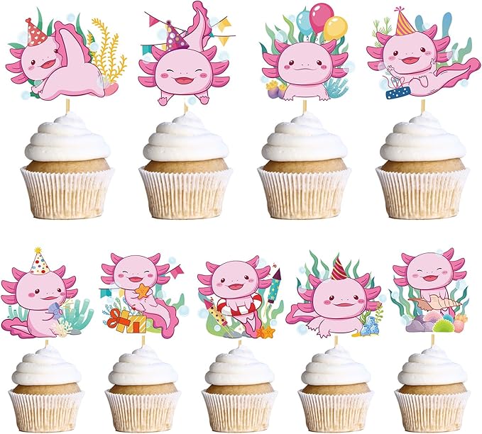 Axolotl Birthday Cupcake Toppers, 36PCS Cute Axolotl Birthday Decorations Supplies, Pink Salamander Baby Shower Cupcake Toppers Decor for Kids Girls