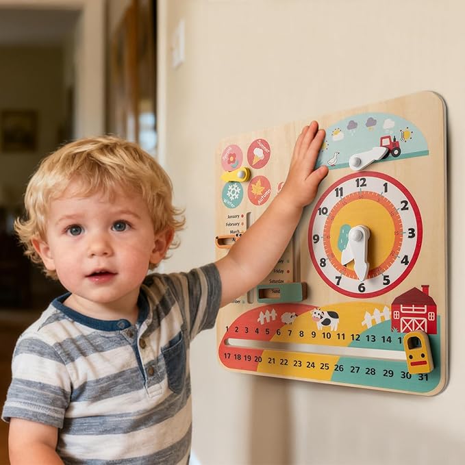 Costzon Montessori Kids Daily Learning Clock Toy, Wooden Educational Learning Clock Toy About Season, Weather, Day, Night, Month, Week & Date, Toddlers Daily Calendar for Preschool Boys Girls Aged 3+