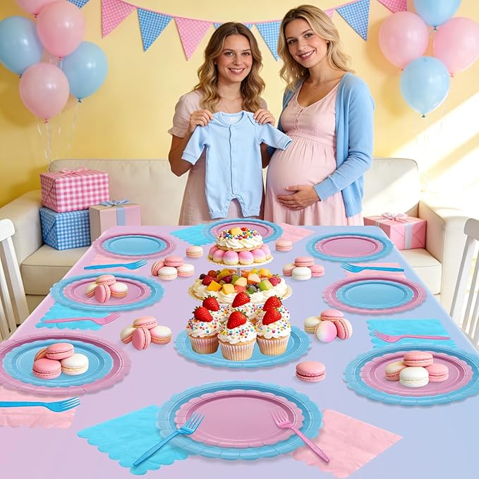 Gender Reveal Party Supplies Set for 20 Guests, Including Pink Blue Tablecloth, Forks, Napkins and Plates for Gender Reveal Decorations Baby Shower Boy or Girl Party