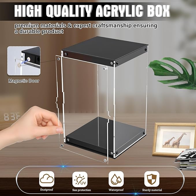 Clear Acrylic Display Case with LED Light for Trophy Collectibles，Easy Assemble Cube Display Box Dust Proof Protection Showcase for Action Figures Toys 8" Lx8 Dx12 H