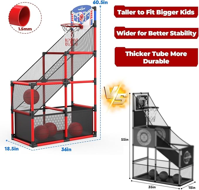 EagleStone Kids Adjustable Arcade Basketball Hoop with LED Lights & Scoreboard, 4 Balls Ball Storage Net, Indoor Outdoor Carnival Basketball Game Set for Boys & Girls Ages 3-12, Pump Included