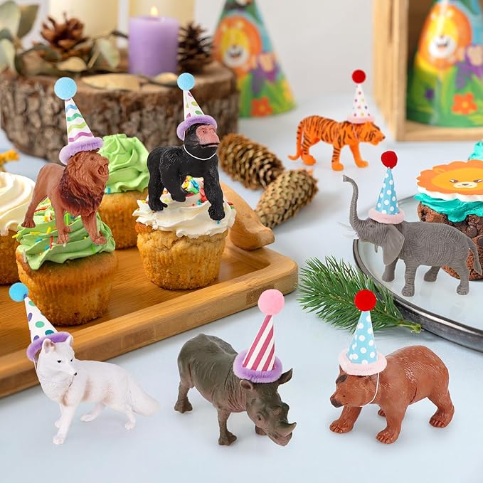 Hooqict 20 Pcs Jungle Animal Birthday Party Decorations Safari Animals Figures with Mini Birthday Hats Animal Cake Toppers for Kids Safari Cake Decorations Wild Zoo Themed Party Decorations