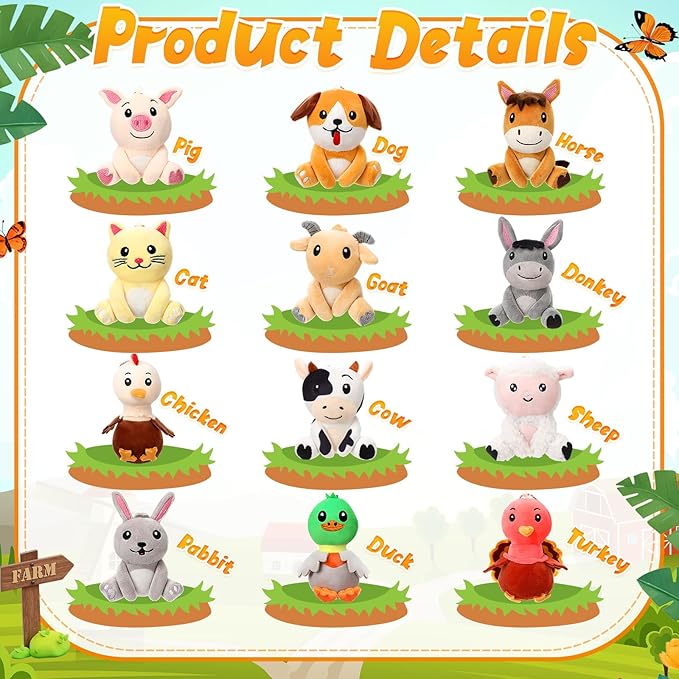 Skylety 12pcs Mini Safari Stuff Animal 3.9 Inch Cute Jungle Stuffed Animal Lion Rabbit Owl Hedgehog Monkey Tiger Zebra Elephant Leopard Hippopotamus Rhinoceros for Easter
