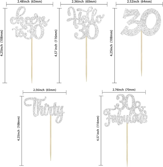 30Pcs Happy 30th Birthday Cupcake Toppers Silver Glitter Thirty Cheers to 30 Birthday Cupcake Picks for Happy 30th Anniversary Party Cake Decorations Supplies