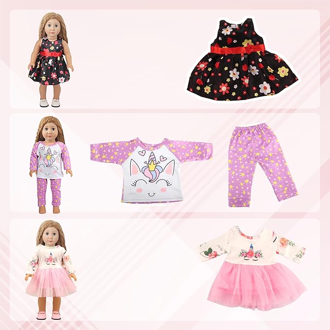 MSYO 10 Sets Doll Clothes for 17 - 18 Inch Dolls, Diverse Outfits (Floral, Polka Dot, Unicorn) & Accessories, Fashion Dress - Up Set for Girl Doll Play & Gifting