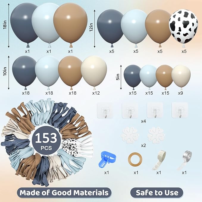 Amandir 153pcs Cowboy Balloon Arch Garland Kit, Different Sizes 18 12 10 5inch Dusty Blue Brown Sand White Cow Print Balloons for Cowboy Shower Rodeo Farm Western Theme Birthday Party Decoration