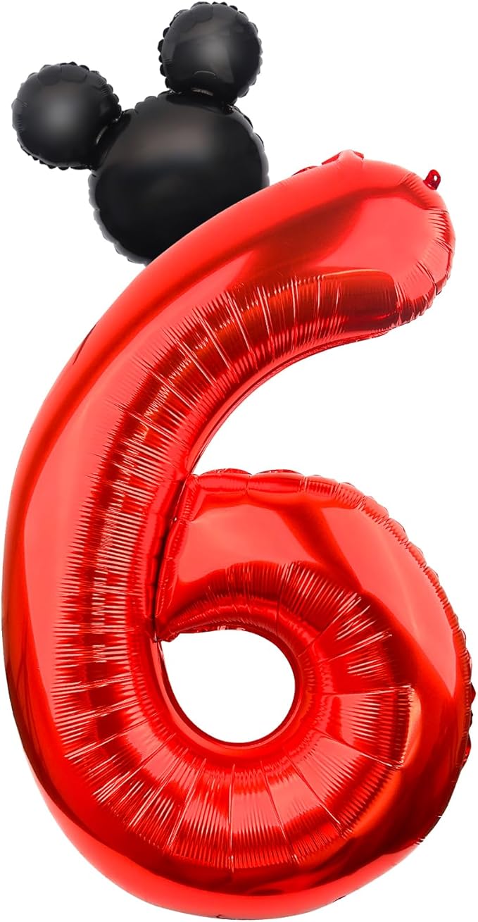 Mouse Number 6 Balloon 40 Inch Red Number 6 Balloon Mini Mouse Head Balloon for 6th Birthday Party, Black Red Large Number 6 Foil Balloon for Baby Shower Anniversary Supplies Decorations