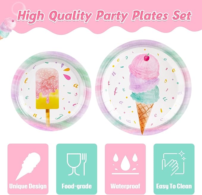 WERNNSAI Ice Cream Party Decorations - 200 PCS Ice Cream Plates Napkins Forks Pink Sweet Themed Birthday Supplies for Kids Girls Birthday Pool Summer Party Serves 50 Guests