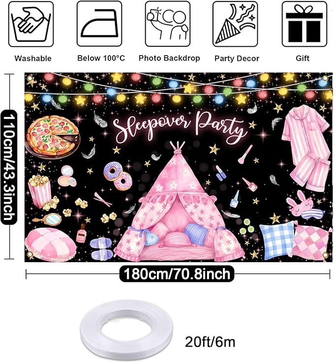 Mocsicka Black Sleepover Backdrop Party Decorations Slumber Pillow Fight Girls Night Photo Background Pajama Spa Make Up Birthday Decorations Party Supplies 70.8 x 43.3 Inch