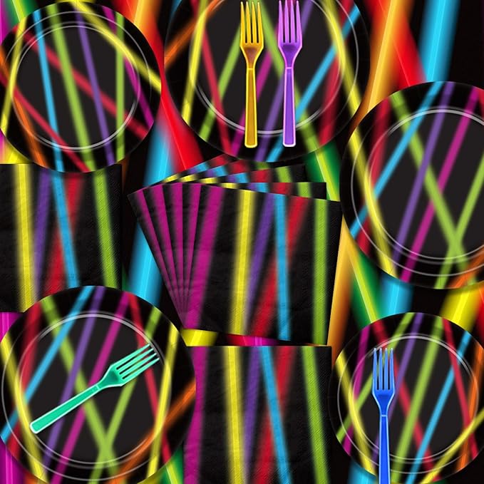 81Pcs Glow in the Dark Party Supplies Set - Serves 20, Neon Party Supplies, Includes Plates, Napkins, Fork, Tablecloth for Halloween Glow Birthday Decorations