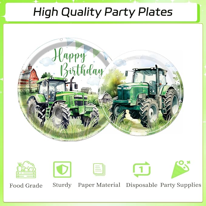 Rakuto Tractor Birthday Party Plates Napkins Tableware Set, Tractor Birthday Party Decorations Supplies for Kids, Disposable Paper Green Farm Dinnerware Party Decor Serves 24