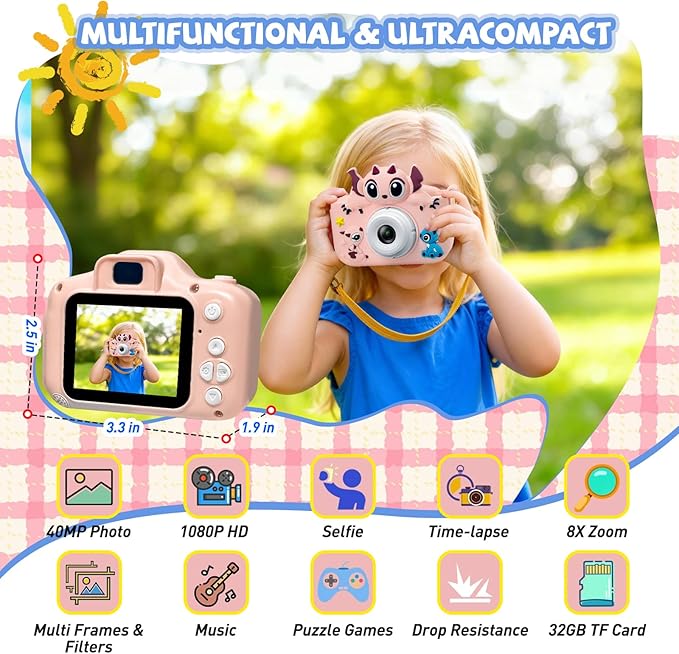 Kids Camera Toddler Digital Camera Little Girls Toy Camera for 3 4 5 7+ Years Old Boys Christmas Birthday Gifts for Kids Digital Camera 40MP Dual Lens 1080P HD Video Selfie Camera 32GB SD Card SP