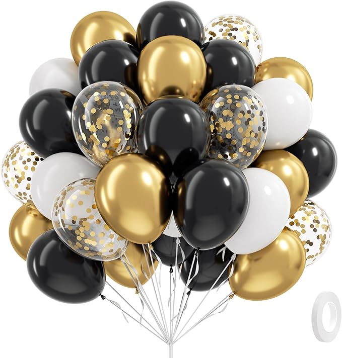 Black White and Gold balloons, 60pcs 12inch Black White Metallic Gold Confetti Balloons for Graduation 2025 Anniversary Birthday Party Decorations