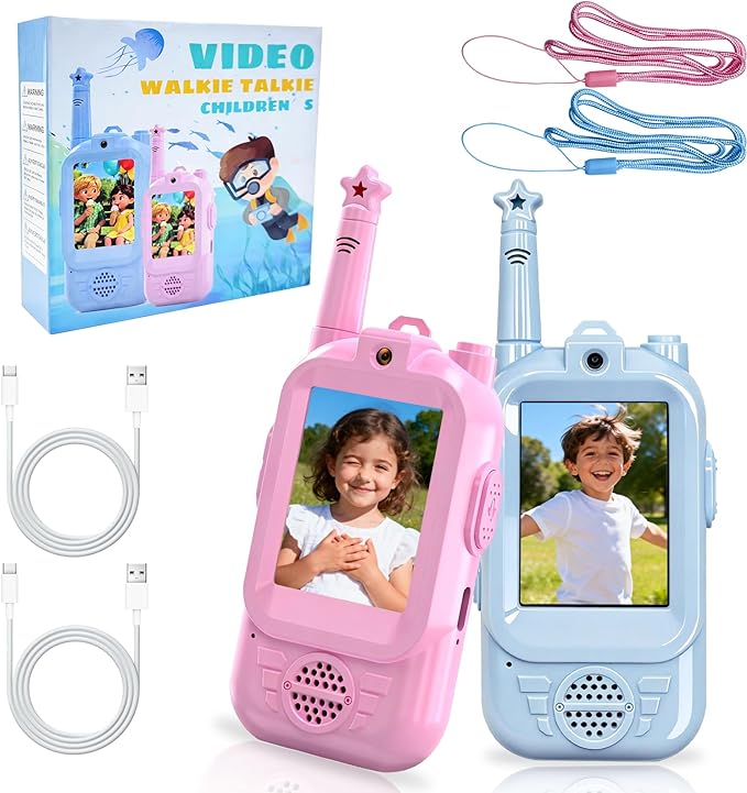Video walkie talkies for Kids, 2 Pack with Private Chat Function & Rechargeable Kids Walkie Talkies, HD Camera & Voice Video Intercom for Indoor Outdoor, Camping for Boy Girls 3-14