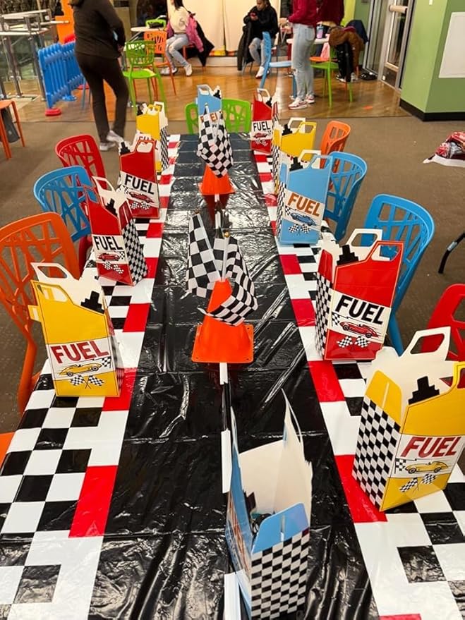 Cars Party Decorations,Racecar Centerpiece Decoration,7in Orange Racing Cones(12),Checkered Flags (24), 54"x108" Plastic Tablecloths (2),Banner Race Car Theme Party Supplies(40pcs)