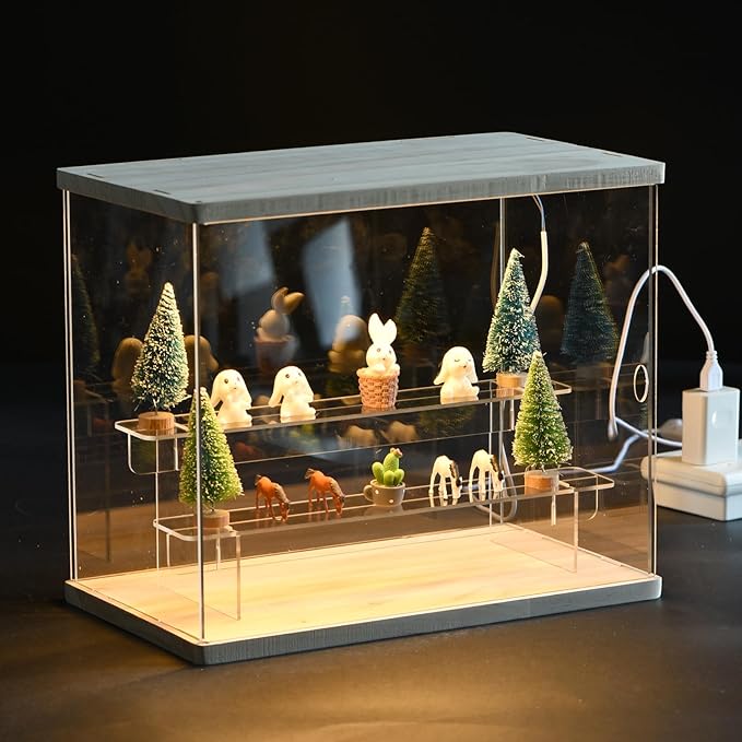MECCANIXITY Clear Acrylic Display Case with LED Light 2 Tier Dustproof Showcase Assemble Cube Display Boxes Stand for Collectibles, Action Figures (12.6x7.09x10.43) Wood