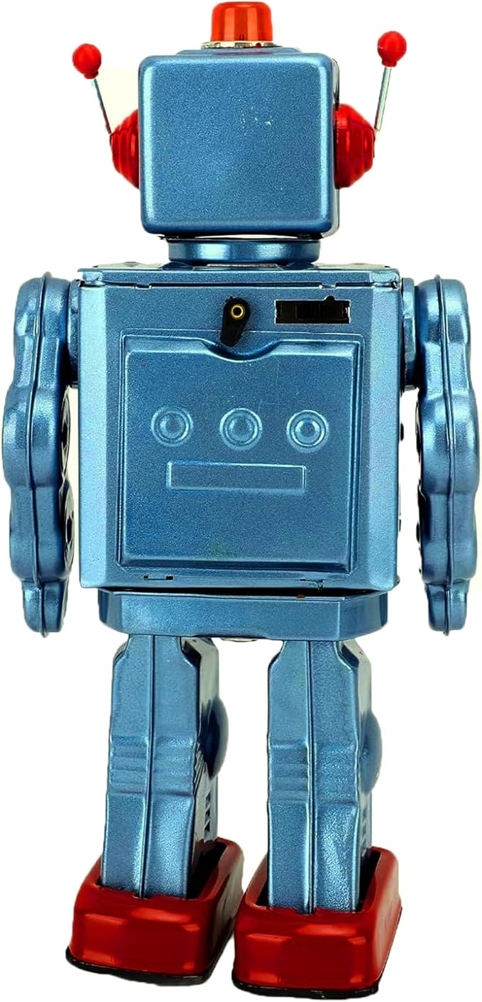 Charmgle Retro Tin Toys Walking Robot, Electric Rotating Desk Robot with Gun Fire Sound, Adult Collection Birthday Gifts Party Favor Handmade Robots Blue