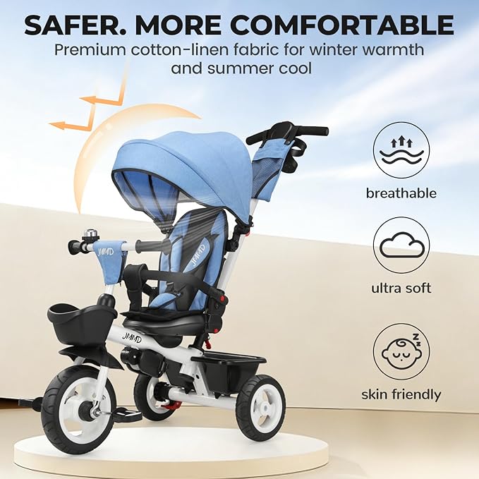 Toddler Tricycle with Push Handle, 7 in 1 Stroller Trike with 360° Swivel Seat, Reclining Backrest, All-Terrain Wheels, Dual Brakes, Canopy & Storage, Gift for Kids 18 Months to 5 Years, Blue
