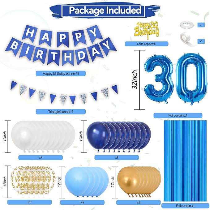 30th Birthday Decorations, Dark Happy Birthday Party Decorations With Number 30 Balloons Metallic Gold Pearl White Light Blue Fringe Curtain Banner Cake Topper For Man Woman Party Supplies