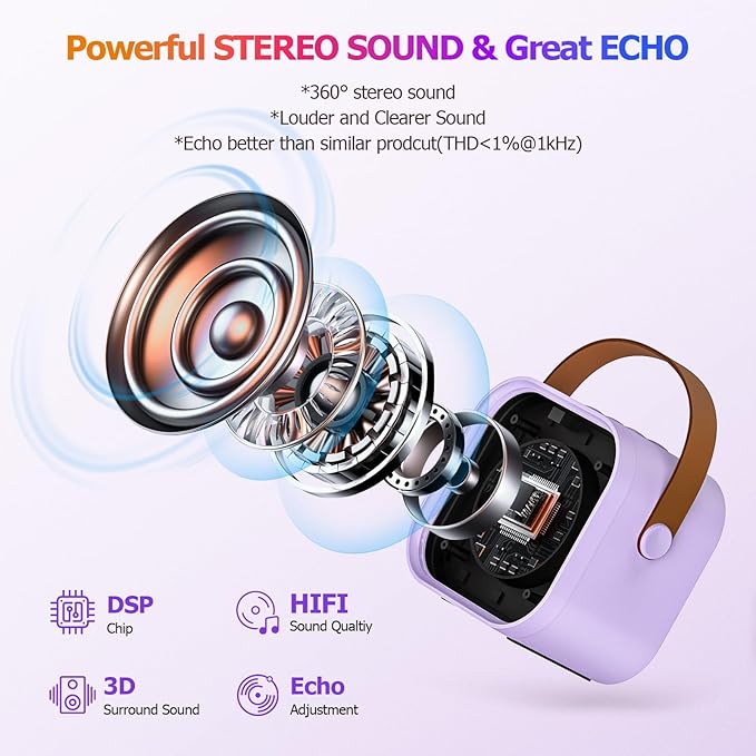 Mini Karaoke Machine with 2 Wireless Microphone, Portable Purple Bluetooth Speaker for Kids, Birthday Teen Toys Gifts Ideas for Girls Ages 4, 5, 6, 7, 8, 9, 10, 12+ Year Old, Family Home Party