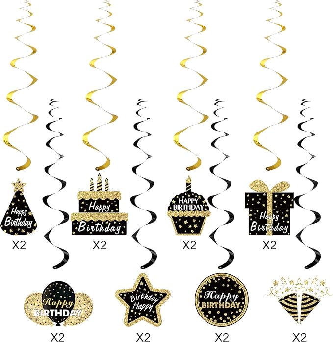 Black Gold Birthday Hanging Swirls Decorations for Mens Women, 16Pcs Happy Birthday Foil Swirl Party Supplies, 10th 16th 21st 30th 40th 50th 60th Bday Ceiling Swirl Decor