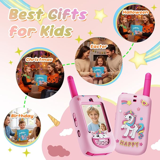 Kids Video Walkie Talkies, 2 Pack Walkie Talkies with Screen, Two Way Radio with 4 Voice Effects, Rechargeable Long Range Toys for Boys Girls Age 3-12, Camping Hiking Birthday Gift
