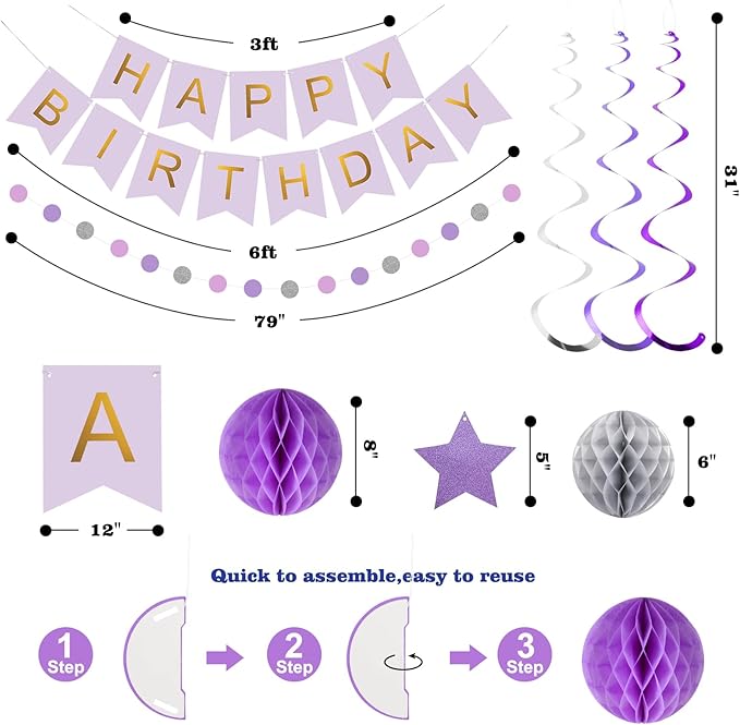 meowtastic Birthday Decorations, Happy Birthday Banner with Honeycomb Balls, Star Hanging Swirl Streamers, Circle Dot Garland, Happy Birthday Party Decoration for Women Men Boys Girls (Purple&Silver)