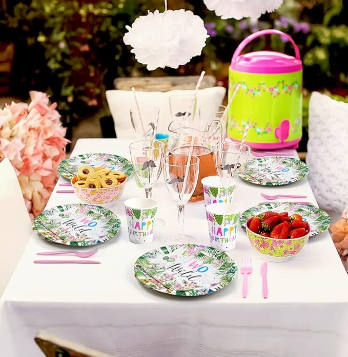 Two Wild Birthday Party Supplies Tableware Girl, Safari Jungle Theme 2nd Decorations Include Plate, Cup, Napkin, Tablecloth, Straws, Cutlery, Two Wild Dinnerware | Serve 24