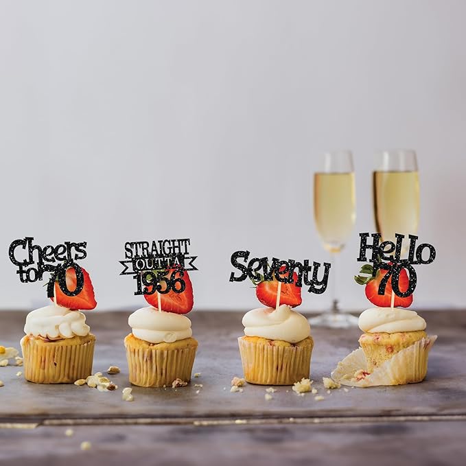 Ephlyn 24Pcs Happy 70th Birthday Cupcake Toppers Glitter Straight Outta 1956 Cupcake Picks Hello 70 Cheers to 70 Years Birthday Cake Decorations for 70th Birthday Anniversary Party Supplies Black