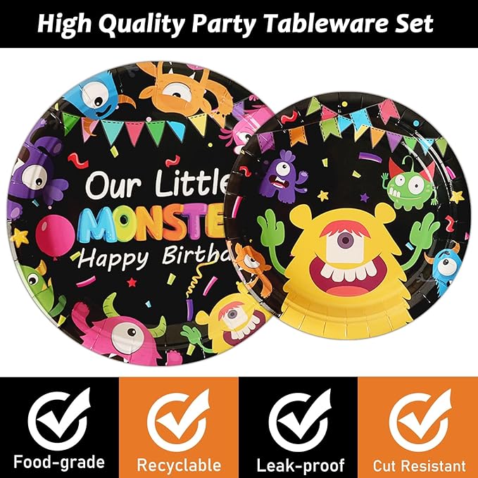 Monster Plates and Napkins Party Supplies Kit - 96 Pcs Tableware Set for Boy or Girl Birthday, Baby Shower - Serves 24